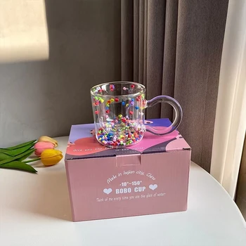 Korėjos Dvigubo Sluoksnio Meilės Dreni Stiklo Taurės Cute Girl Širdies Kūrybos Vandens Puodelį Skaidrios Sultys Goblet