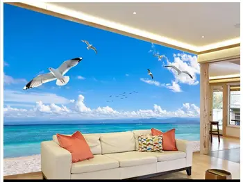 3D sienų freskomis tapetai užsakymą nuotrauką Šiuolaikinės jūros kraštovaizdžio mėlynas dangus, balti debesys žuvėdra fone, sienų apdaila dažymas