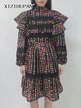 XIZIHUPAN spausdinti suknelės moterims stovėti apykakle ilgomis rankovėmis aukštos juosmens kratinys elegantiškas nėrinių suknelė moteriška rudens drabužių 2022