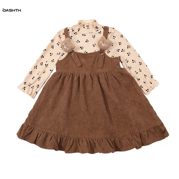 OASHTH Mergaitės pavasarį naujas kostiumas vaikų velvetas dirželis sijonas dugno marškinėliai dviejų dalių baby kombinezonas sijonas