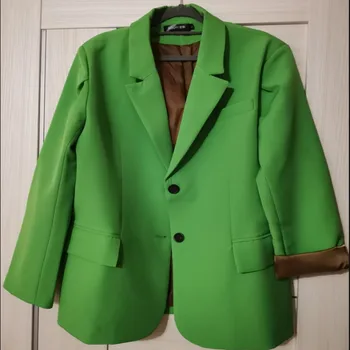Pavasarį, rudenį Įpjovomis Single-breasted Žalias švarkas moterims Prarasti Kostiumas Mados Didelis Pocket office lady švarkas