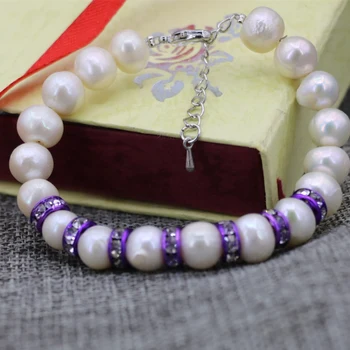 Išskirtinį kryptis, apyrankių natūralus baltas perlas 9-10mm nearround karoliukai violetinė crystal tarpiklis rankų darbo papuošalo užsegimas 7.5 colių B3087