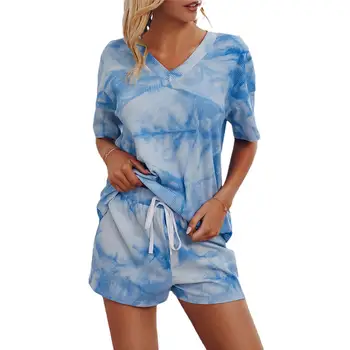 Moterų Pižama Nustatyti 2 Gabalas Loungewear Sleepwear tie dažai V-kaklo Pižama Moterų Kombinezonas Šortai Atsitiktinis trumparankoviai Pižama Komplektas