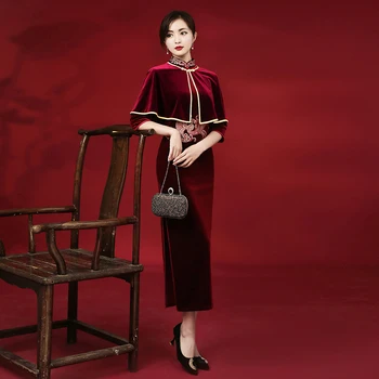 Kinų Suknelė Juoda Raudona Qipao Vakaro Suknelės Auksinio Aksomo Pokylių Kinijos Stiliaus Skara Kostiumas Cheongsam Tradicinių Cheongsams
