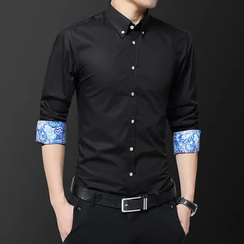 Korėjos Mados vientisos Spalvos Slim Fit Mens Medvilnės Marškinėliai ilgomis Rankovėmis Rankogalių Spausdinti Dizainas Mygtuką Socialinės Vyriška Palaidinė 4XL 5XL