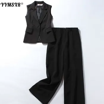 2022 naują atsitiktinis juoda striukė prarasti pločio kojų kelnės dviejų dalių komplektas Madingas, elegantiškas profesinės lady švarkas Office kostiumas