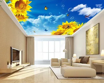 Custom Didelis Lubų Freskos Tapetai, 3D Mėlynas dangus ir balti debesys plūduriuojantis kvapnios saulėgrąžų Foto Sienų Lubų Tapetai