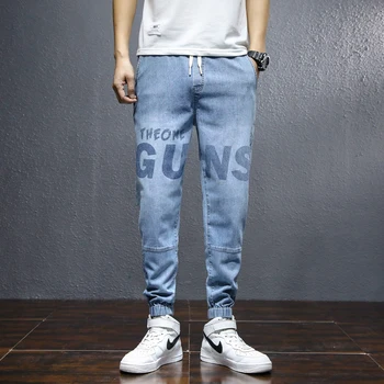 Vyrų Mados Plati Gatvė Džinsai Atsitiktinis Haremo Kelnės Laiškas Spausdinti Šviesiai Mėlyna Hip-Hop Negabaritinių Kaklaraištis Kojų Streetwear Džinsinio Audinio Kelnės Gražus