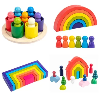 Kūrybos Vaivorykštė Blokų, Mediniai Žaislai Vaikams Geometrinis Blokai Namas Montessori Ugdymo Stacker Mediniai Žaislai, Dovanos
