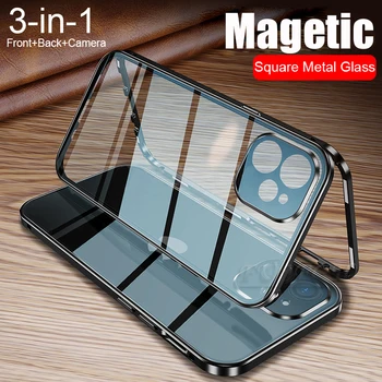 Naujas 360 Magnetinio Adsorbcijos Metalo Case For iPhone 11 12 13 Pro XS Max 12 13 Mini Dvipusis Stiklo danga Fotoaparato Objektyvą Raštas