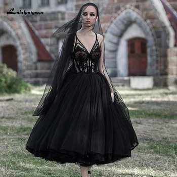Lakshmigown Gothic Black Vestuvių Suknelės Backless-line Nuotakos Suknelė Arbata Ilgis Giliai V-Kaklo, Nėriniai Vestuvių Suknelės Vestido De Novia