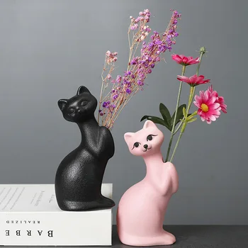 Kūrybos namų paprasta Europos stiliaus apdailai sausų gėlių ornamentais asmenybės mielas kačiukas keramikos vaza