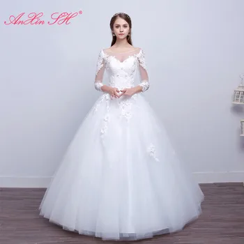 AnXin SH princesė baltųjų gėlių nėrinių vestuvių suknelė vintage mados duobute kristalų pusė rankovės nuotaka kamuolys suknelė vestuvių suknelė