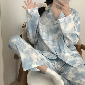 Kaklaraištis Dažų Spausdinti Rudenį Pižama Nustatyti Moterys Viena Breasted Marškinėliai + Kelnės Nustatyti Dviejų Dalių Namo Kostiumas Korėjos Sleepwear Homewear