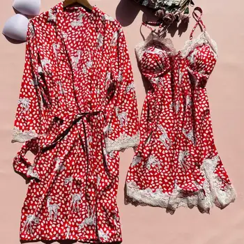 Moterų Sexy 2VNT Skraiste Nustatyti Spausdinami Nuotakos Vestuvių Dovana Nėrinių Apdaila Sleepwear Intymus apatinis Trikotažas Prarasti Chalatas Kimono Suknelė Pižamą