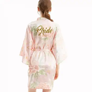 Nuotaka Bridesmaid, Vestuvių Drabužius, Pink Gėlių Spausdinti Chalatas Kimono Suknelė Moterims Sleepwear Vasaros Šilko Satino Pižamą Namų Drabužiai