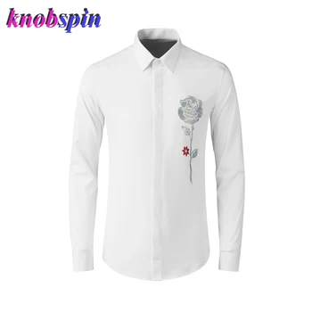 Crystal Gėlių dizaino vyriški ilgomis rankovėmis Marškinėliai Kieto Slim Chemise homme Atsitiktinis verslo vyras Medvilnės Marškinėliai Plius dydis M-4XL