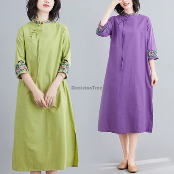 2022 retro pagerėjo cheongsam merginos medvilnės skalbiniai, grotelės qipao tradicinių kasdien šiuolaikinės cheongsam pusė rankovės rytų suknelės