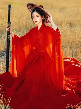 Hanfu Moterų Raudona Kovos Menų Senovės Kostiumas Plačios Rankovės Teka Pasakų Sijonas Apykaklės Kostiumas