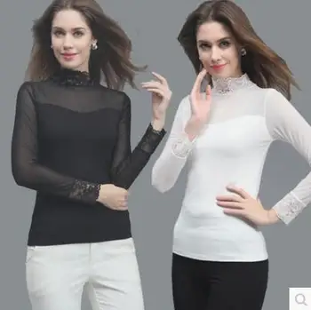 Rudenį slim golfo Moterų nėriniai ilgomis rankovėmis t-shirt vidutinio ilgio nėrinių marškinėliai basic viršų