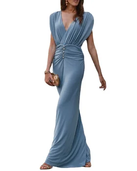 Mėlyna Raukšlės Elegantiškas Bodycon Maxi Suknelė Atsitiktinis V-kaklo trumpomis Rankovėmis Office Lady Naujas Vasaros Mados Tendencija Moterų Drabužiai