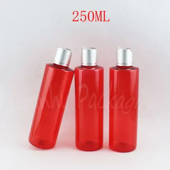 250ML Raudonas Plastikinis Buteliukas Su Sidabro Disko Viršutinio Dangtelio , 250CC Tuščias Kosmetikos Konteinerių , Šampūnas / Losjonas Pakuotė Butelis