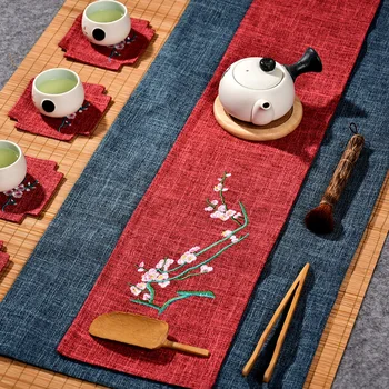 retro arbatos mat medvilnės skalbiniai, dvigubo sluoksnio, siuvinėta gėlių stalo runner zen stiliaus arbatos staltiesė arbatos ceremonija priedai