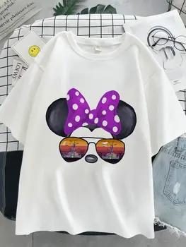 Disney Mielas Minnie su Akiniais Moterų Mados Marškinėliai Nauja Tendencija Harajuku Trumpas Rankovės Viršų O-Kaklo Streetwear Atsitiktinis Marškinėliai