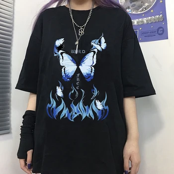 Hip-hop street Kawaii ropa de mujer Trumpas rankovės atsitiktinis viršų Drugelis spausdinti marškinėliai y2k Harajuku E-girl Goth negabaritinių marškinėliai