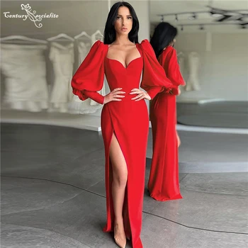 Sexy Raudona Vakaro Suknelės Undinė 2021 Aukštos Ritininės Ilgomis Rankovėmis Paprasta Oficialią Chalatai Prom Šalis Suknelė Chalatas De Soiree