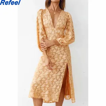 Za Moterų Vintage-Line Suknelė Sluoksniuotos Rankovėmis V-kaklo Elegantiškas Atsitiktinis Ponios Šalis Suknelė Gilia V-Kaklo su Užtrauktuku