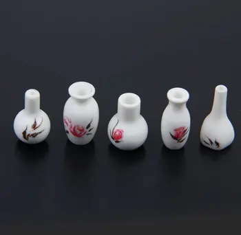 5vnt Lėlių Miniaturas Balta Vaza Stiklainius su Gėlių Spausdinti 1:12 Masto Doll House Dekoro Klasikinis Žaislai Vaikų