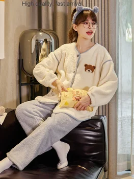 Aksomo Pižama Koralų Moterų Žiemą Storas Vilnos Japonų Stiliaus Studentų Mergina Homewear