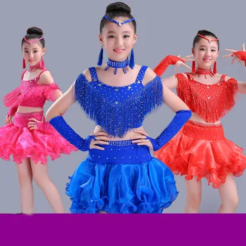 Vaikų lotynų šokių kostiumai mergaitėms, naujas stilius blizgančiais kutai lotynų šokių sijonas rodikliai rodo, konkurencijos drabužiai