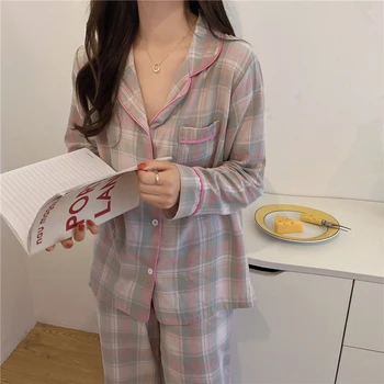 pora medvilnės skalbiniai pledas sleepwear moterų languotas ilgomis rankovėmis korėjos stiliaus atsitiktinis pižama nustatyti vyrų trundown namų drabužiai