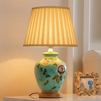 Kinijos kaimo mėlyna gėlių&drugelis keramikos Stalo Lempų šviesos Reguliatorius/Jutiklinį jungiklį audinio E27 LED lempa naktiniai&fojė&studio MF048
