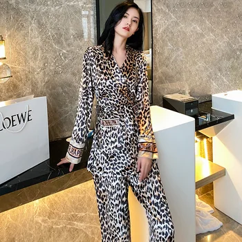 2VNT Leopard Moterų Pižama Rinkiniai Seksualus Megztinis Pižamos Kostiumas Rudenį Veliūras Sleepwear Apatiniai, naktiniai drabužiai Poilsio Namų Drabužiai
