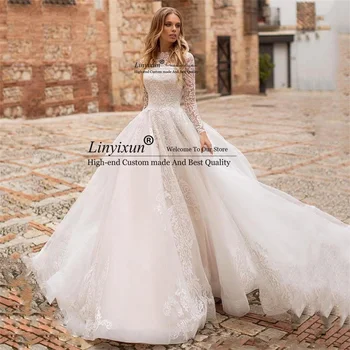 Elegantiškas Long Sleeve Lace A-Line Wedding Dresses Sagomis Atgal Appliques Vestuvinės Suknelės Moterims Teismas Traukinio Vestido De Novia