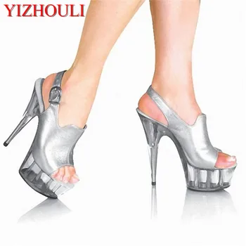 mados 6 colių mados prekės ženklo platforma, kulniukai 15cm seksualus sagtis peep tne sandalai sidabro moterų Kristalų batai
