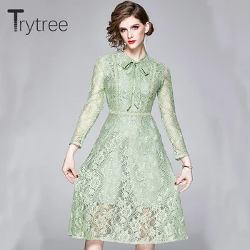 Trytree 2020 m. Pavasarį, Rudens Dress Moterų Atsitiktinis O-kaklo Lankas Nėrinių Žalia Kratinys-line Suknelė Mados Elegantiškas Kelio Ilgio Suknelė