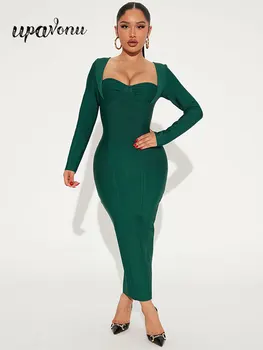 Seksualus, Moterų Žalia Tvarstis Suknelių Mados 2022 Naujas V-Kaklo, ilgomis Rankovėmis Bodycon Midi Suknelė Įžymybė Vakarą Klubo Šalies Vestidos