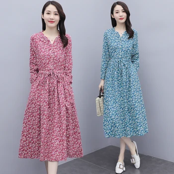 Moterų Midi Šifono Kišenėje Gėlių Suknelė Rudens, Pavasario Tako 2022 Laisvas Elegantiškas Korėjos Ilgomis Rankovėmis Boho Atsitiktinis Šalis Suknelės Naujas