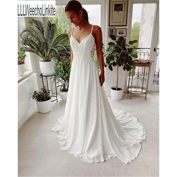 Baltos Spalvos Nėrinių Duobute Šifono Grindų-Ilgis A-Line Wedding Dresses Koplyčia Traukinys Spagečiai Dirželiai Vestuvinės Suknelės Pagal Užsakymą
