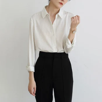 Balta Dryžuotas Marškinėliai Moterims Paprastas Ir Stilingas Priemiestinių Ilgomis Rankovėmis Elegantiškas Temperamentas Office Palaidinės Blusas Y Camisas Viršūnes 2022