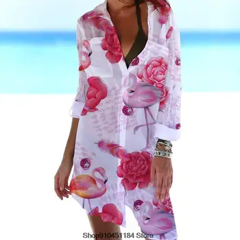 Vasarą Saulės Moterų Mygtuką Iki Biuras ilgomis Rankovėmis Marškinėliai Blusa Outwear Paplūdimio Gyvūnų Flamingo Krano 3D Spausdinimo Havajų Palaidinukės