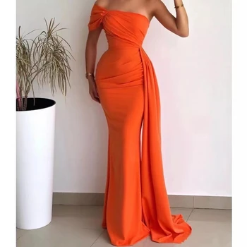 Elegantiškas Oranžinė Vieną Petį Undinė Prom Dresses Ilgai 2023 Moterų Ruched Šalis, Chalatai Puoštas Kaspinu Vakarą Įžymybių Suknelė