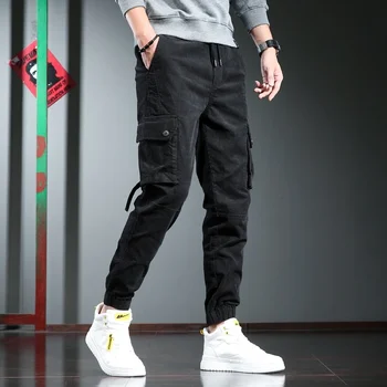 Krovinių Kelnės Rudenį Vyrų Streetwear Karinės Medvilnės Sporto Atsitiktinis Juoda Raišteliu Kelnės Hip-Hop Taktinis Korėjos Stiliaus Poilsiu