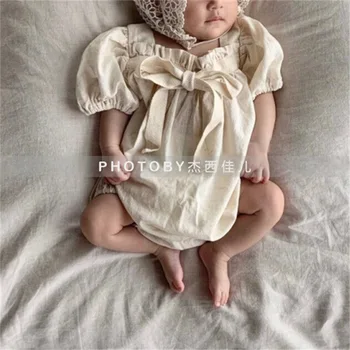 Baby Girl Korėjos Stiliaus Vasarą Nešioti Naujas Jumpsuit Kūdikių Lankas Sluoksniuotos Rankovėmis Saldus Aikštėje Apykaklės Apačios, Apimantis Rompers