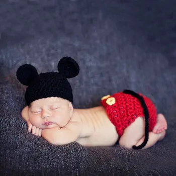 Kūdikių Animacinių Filmų Mickey Hat+Kelnės Fotografijos Rekvizitai, Komplektai, Kūdikių Naujagimių Berniukų, Mergaičių Nėrimo Gyvūnų Fotosesiją Priedai Rekvizitai