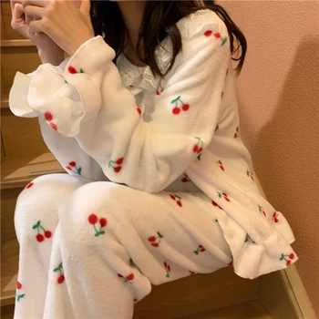 Kawaii Vyšnių Spausdinimo Žiemos Koralų Vilnos Pižama Nustatyti Moterų Nėriniai Kratinys Prarasti Mielas Dviejų Dalių Namo Kostiumas Korėjos Sleepwear